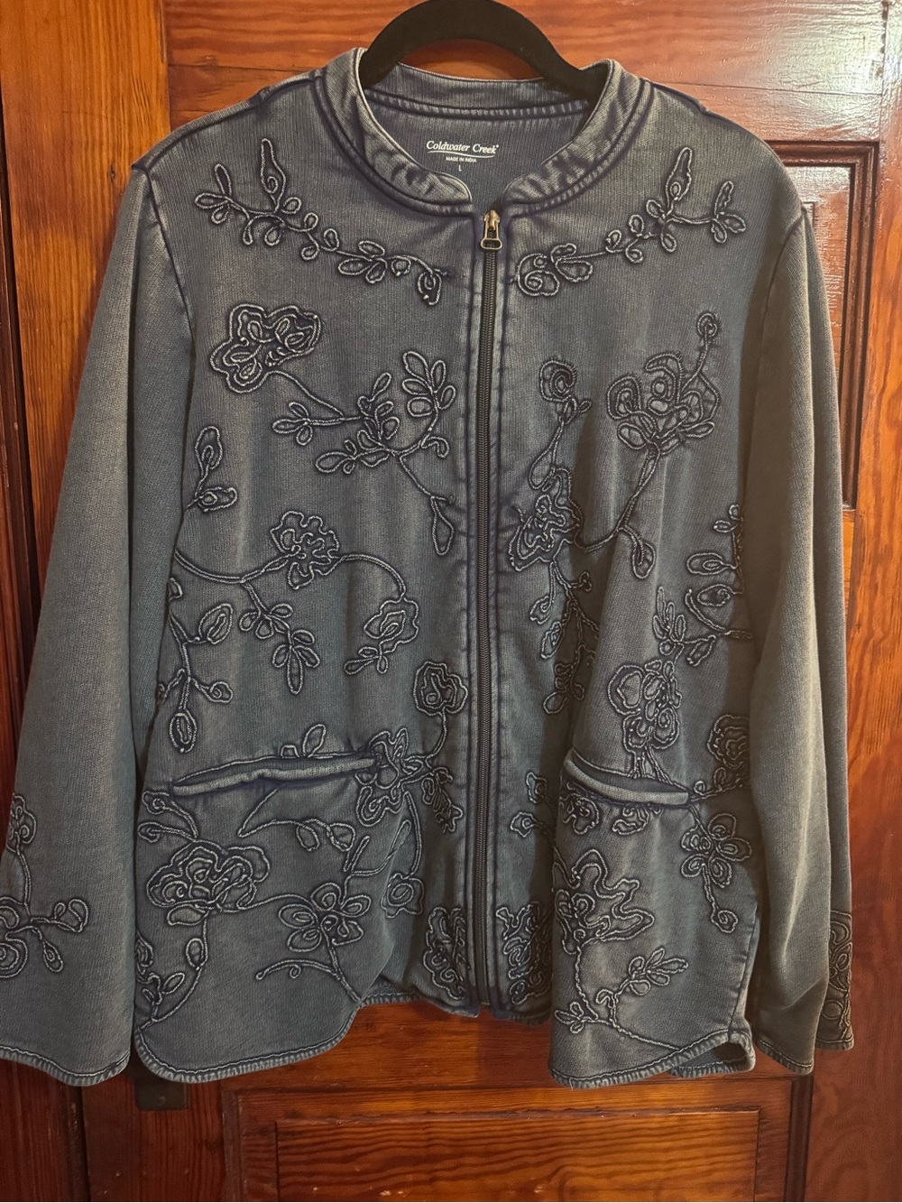 Coldwater Creek Blue Embroidered Floral Zip-Up Jacket Knit Denim Size L